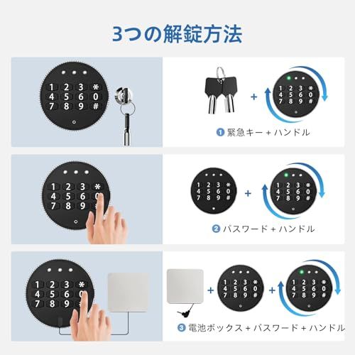 WASJOYE 金庫小金 ミニ金庫 テンキー式 小型簡易保管庫 貯金箱 警報アラーム付き 壁付け対応 ホテル金庫 防犯セキュリティー ボックス 子供用 学生用 店舗用 緊急キー付き 日本語取扱説明書 W 23×D 17×H 17 CM