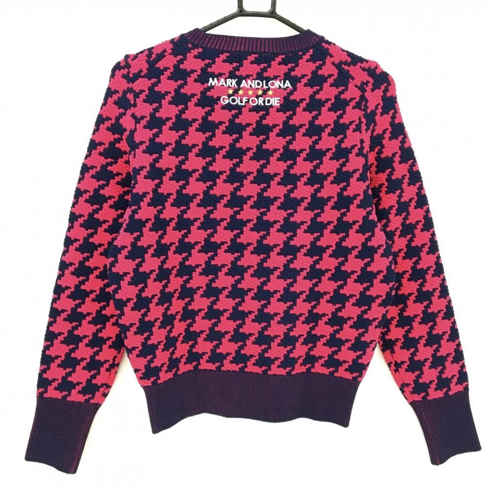 超美品】マークアンドロナ セーター ピンク×ネイビー 千鳥格子風編み
