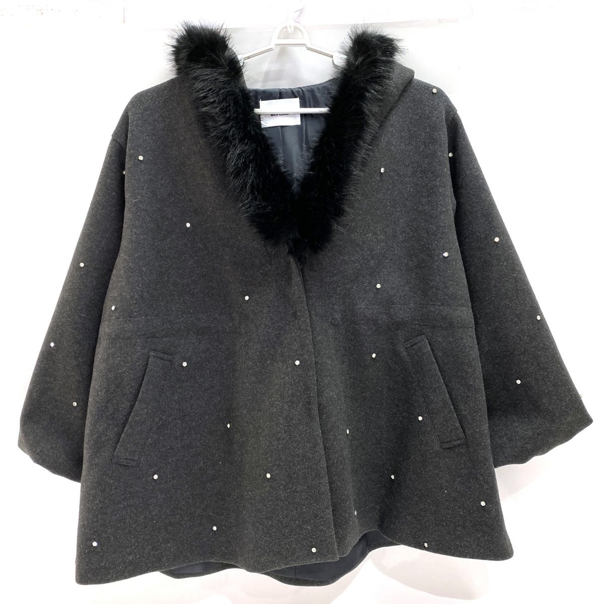 NICE CLAUP ナイスクラップ フードフェイクファービジューミドルコート