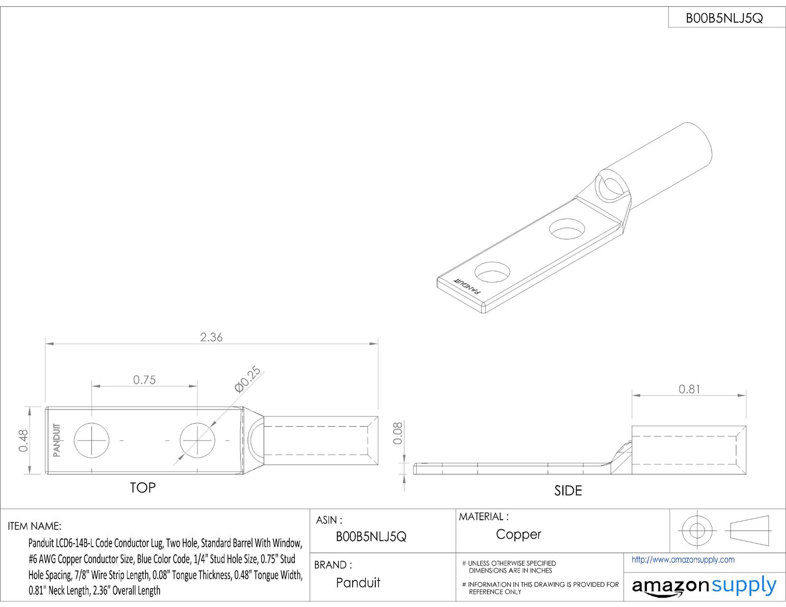 パンドウイット 銅製圧縮端子 標準バレル 2つ穴 入 LCD 6-14 B-L 電設工具 特殊工具