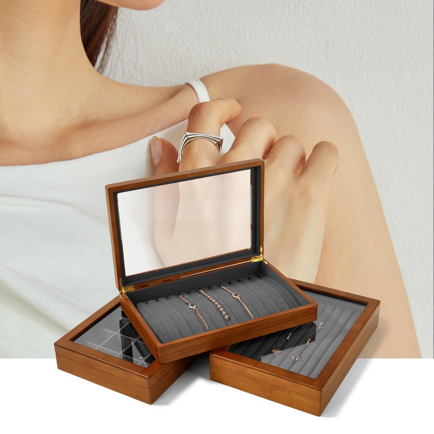 新品 Woodtenきジュエリートレイ蓋付12木製ジュエリーボックス透明