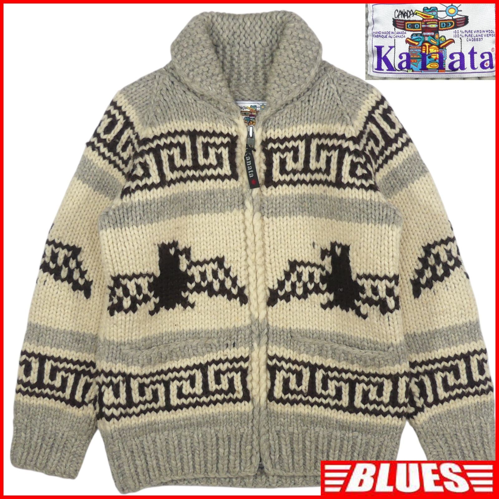 カウチンセーター kanata ニット M カナダ製 カナタ グレー 鳥