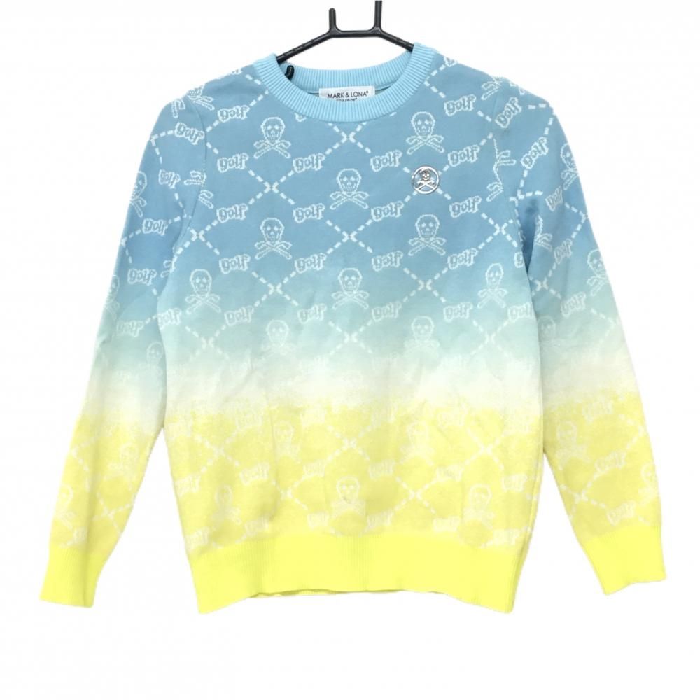 マークアンドロナ セーター ライトブルー×イエロー×白 スカル総柄