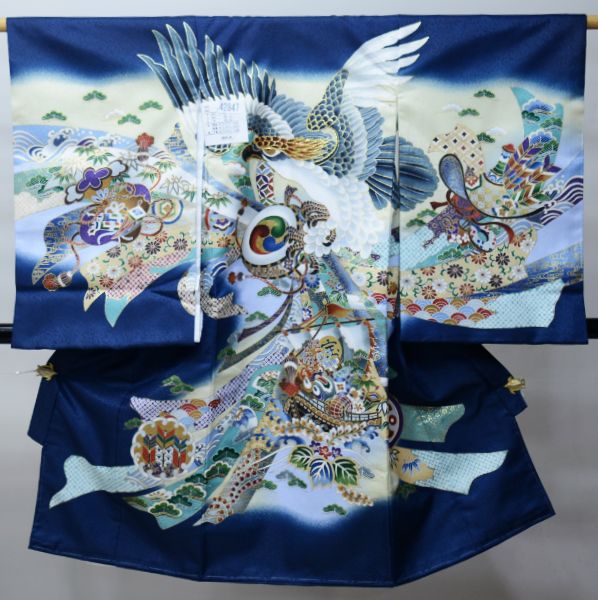 お宮参り 産着 女児 合繊 のしめ 金刺繍 綸子地 青色 祝着 女の子 初