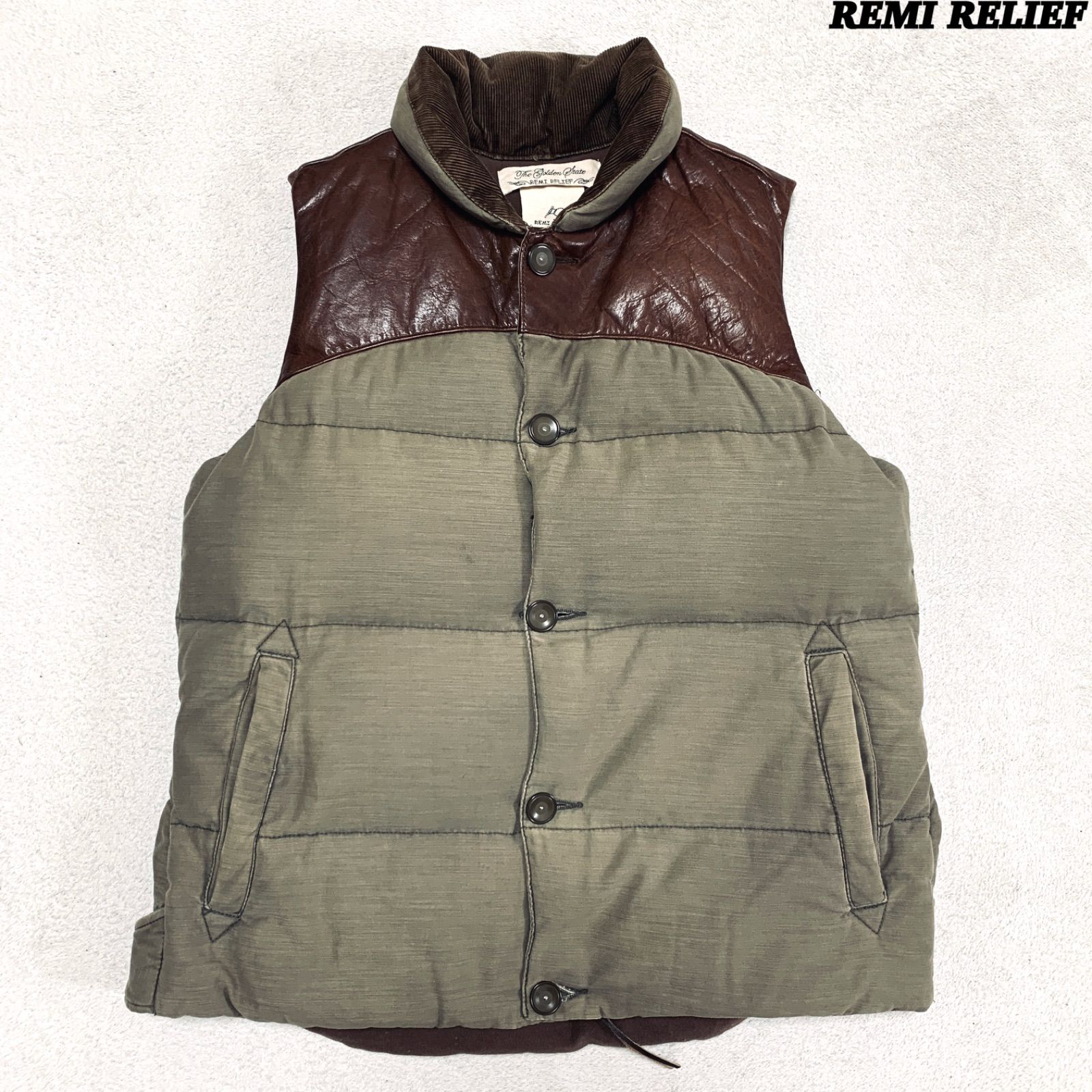 REMI RELIEF ダウンベスト レザーヨーク 牛革 コーデュロイ切り替え M 
