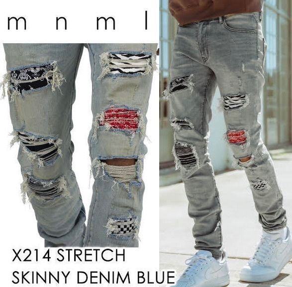 mnml X214 多柄クラッシュダメージストレッチスキニーデニムパンツ 