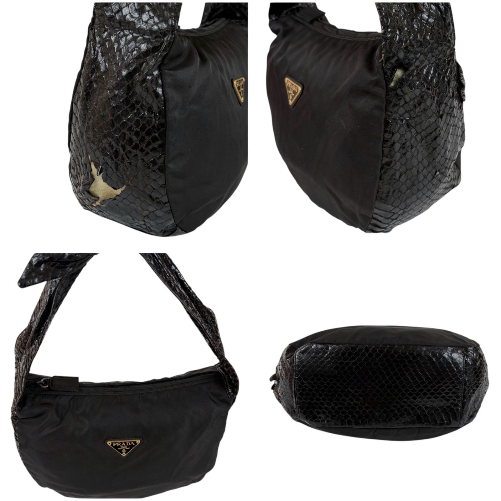 PRADA プラダトライアングルロゴ ホーボーバッグ ショルダーバッグ ブラック PRADA プラダ トライアングルロゴ ナイロン レザー ホーボーバッグ