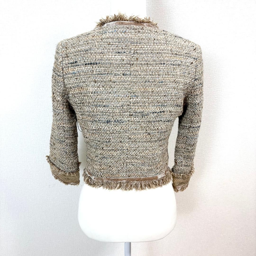 美品】 FOXEY ノーカラージャケット 40 ベージュブラウン ツイード