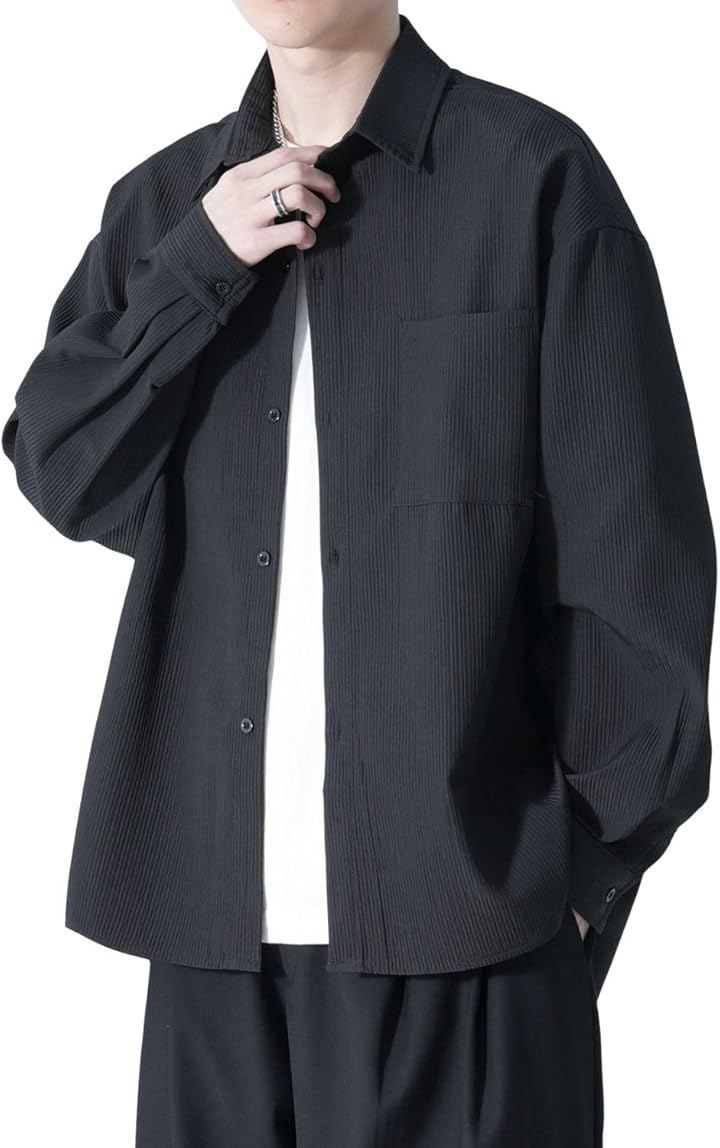 Stilia メンズ 長袖 シャツ ジャケット アイスシルク素材 ゆったり 大きいサイズ 春 夏 秋 カジュアル 無地 軽量 羽織り (ブラック，  3XL)