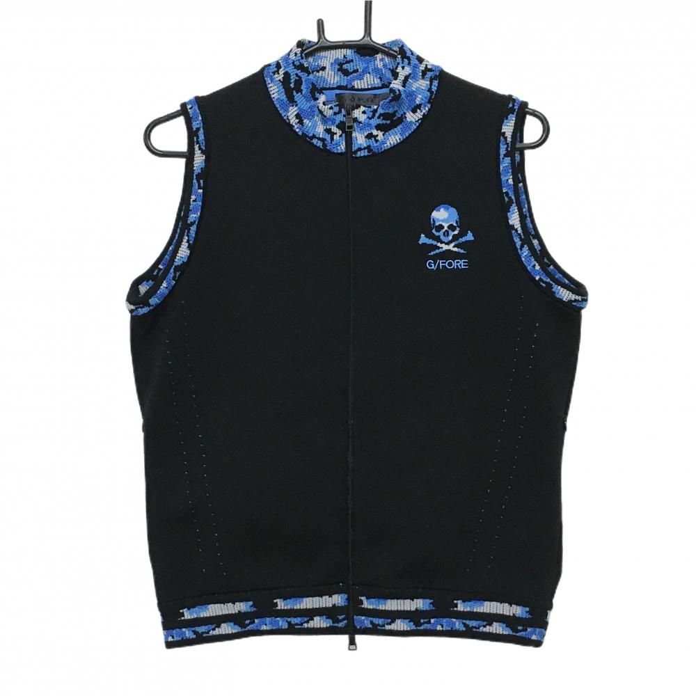 G FORE ゴルフ ベスト 中綿 ジャケット スカル ニット ジップ 美品】ジーフォア ニットジップベスト 黒×ブルー 一部カモフラ 迷彩