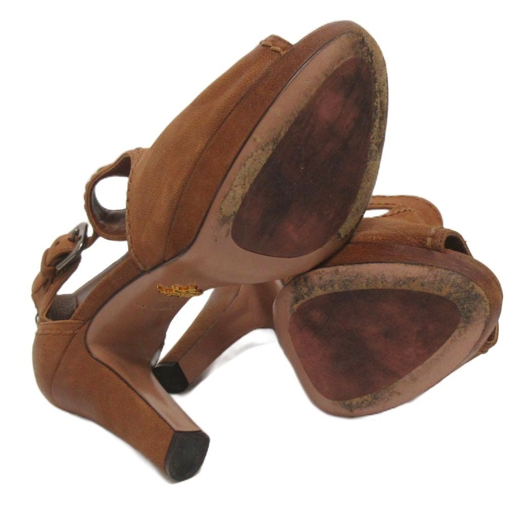 プラダ PRADA オープントゥ ヒール サンダル レザー ブラウン 37 約