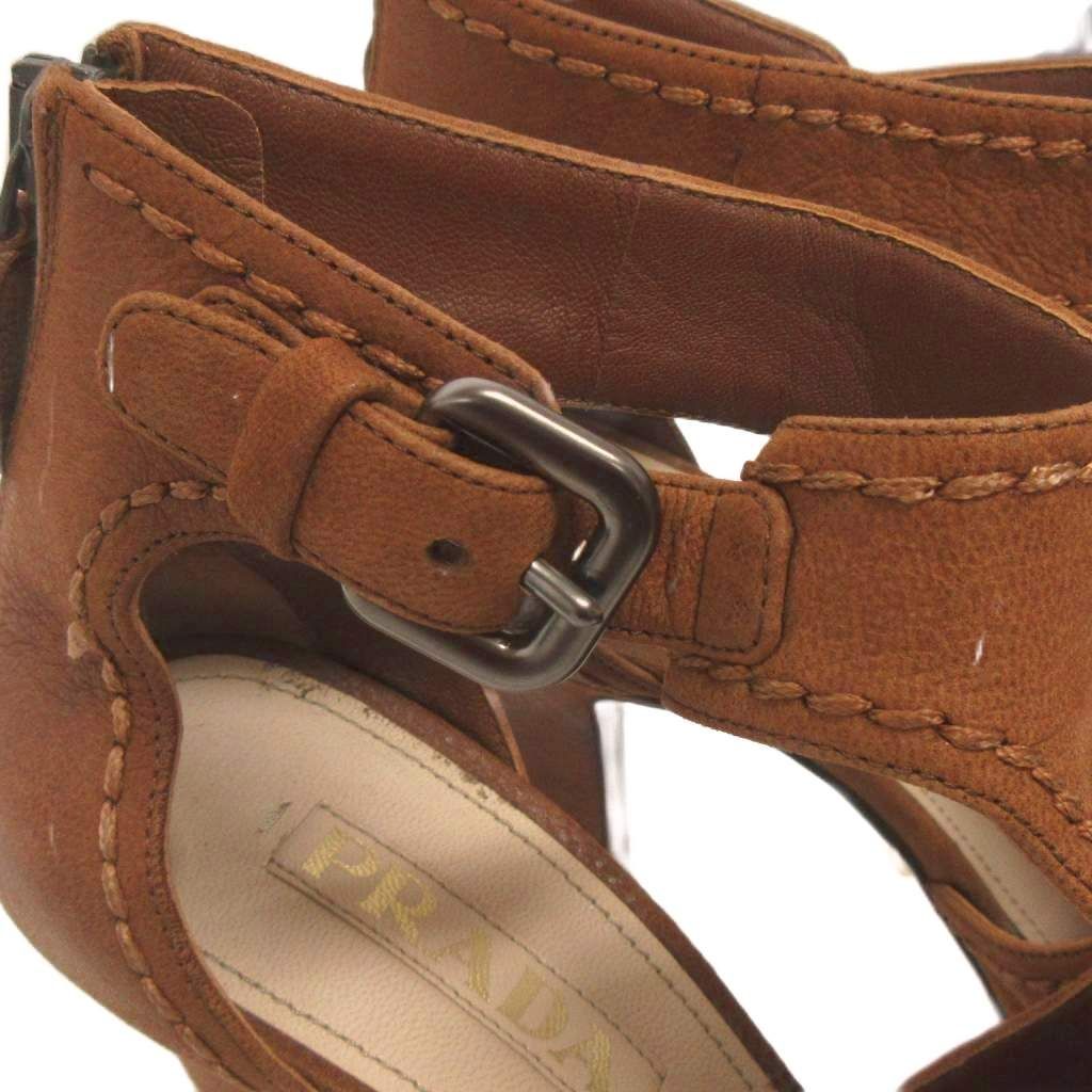 プラダ PRADA オープントゥ ヒール サンダル レザー ブラウン 37 約