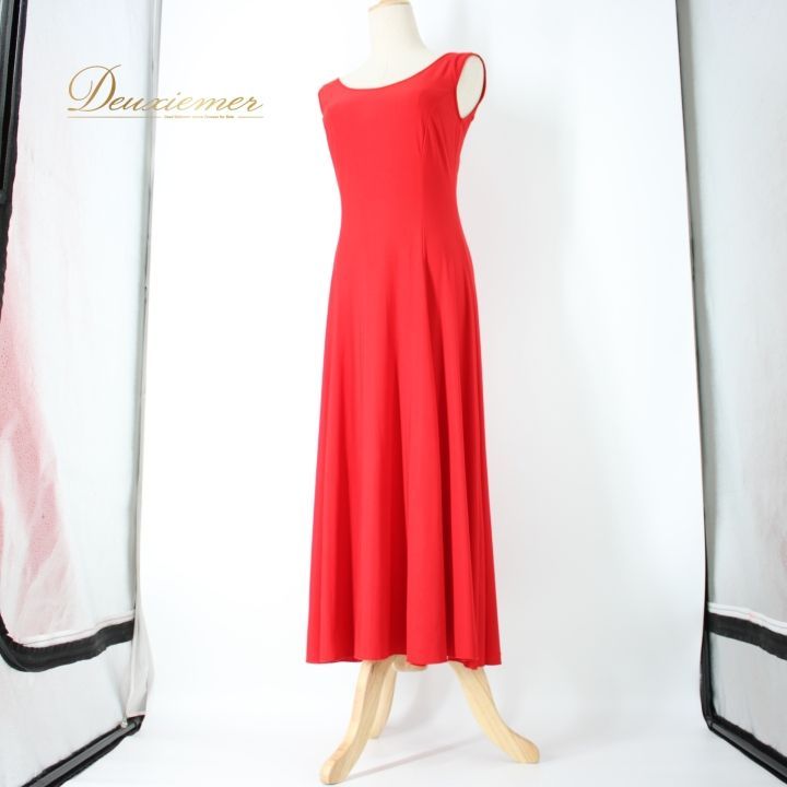 【美品 社交ダンス衣装】レッド×アイボリー Leirenaレイリーナ ワンピース 社交ダンス 衣装 スタンダード ドレス ワンピース レッスンウェア