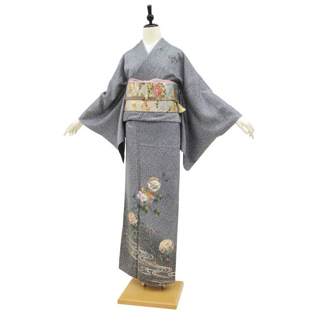 ￼ 超美品　着物　正絹　袷　現代物　訪問着　159 白　黒　グレー　ボタニカル 超美品 着物 正絹 袷 現代物 訪問着 159 白 黒 グレー ボタニカル