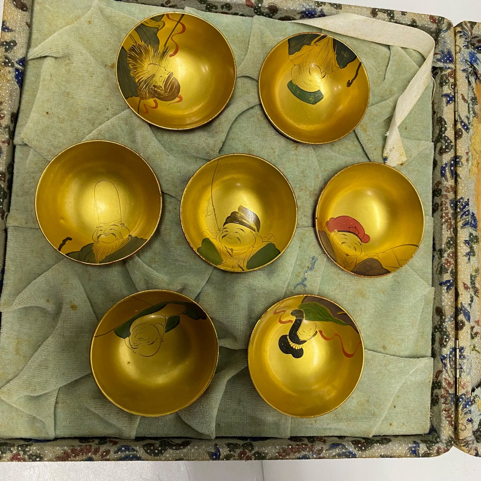 七福神 内金 盃 8客セット 共箱付き 金彩 酒器 漆器 時代物 縁起物