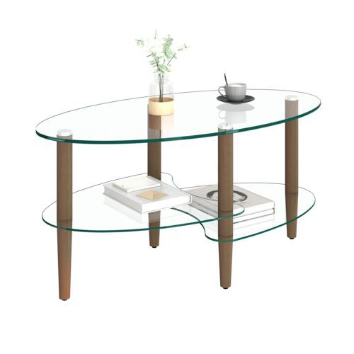 楕円形ガラスコーヒーテーブル透明3段ガラス天板 オーク材脚モダンリビングテーブル 楕円形ガラスコーヒーテーブル 透明3段ガラス天板 オーク材脚 モダン
