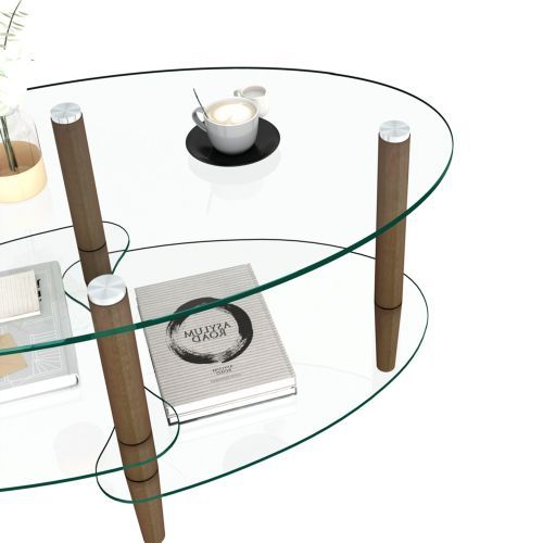 楕円形ガラスコーヒーテーブル透明3段ガラス天板 オーク材脚モダンリビングテーブル 楕円形ガラスコーヒーテーブル 透明3段ガラス天板 オーク材脚 モダン