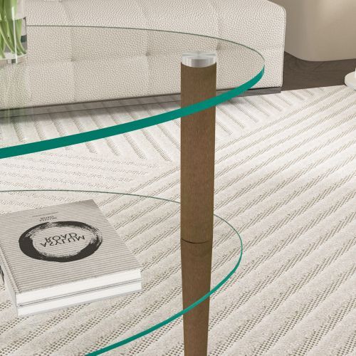 楕円形ガラスコーヒーテーブル透明3段ガラス天板 オーク材脚モダンリビングテーブル 楕円形ガラスコーヒーテーブル 透明3段ガラス天板 オーク材脚 モダン