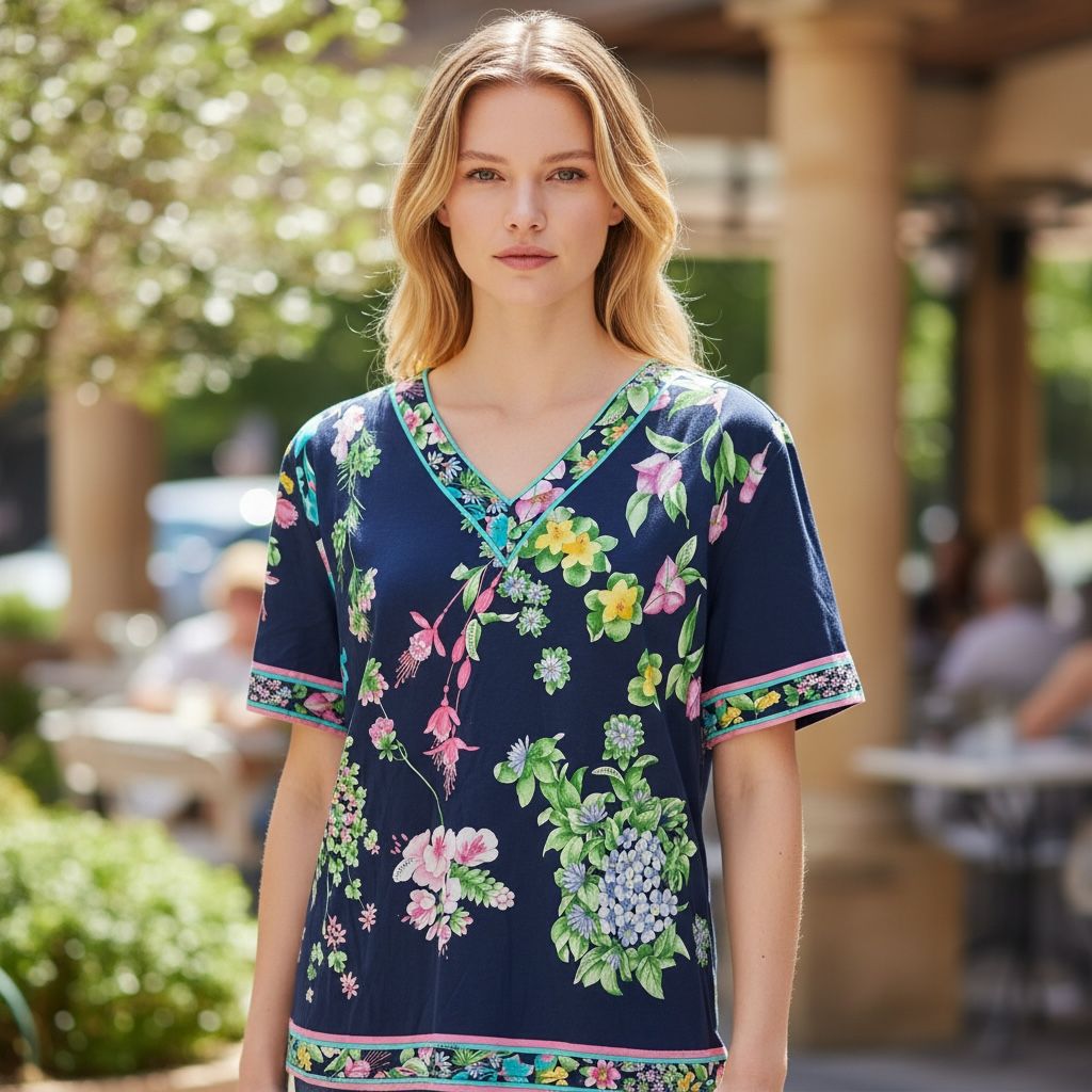 LEONARD レオナール 美品 半袖 カットソー 花柄 ネイビー Lサイズ V