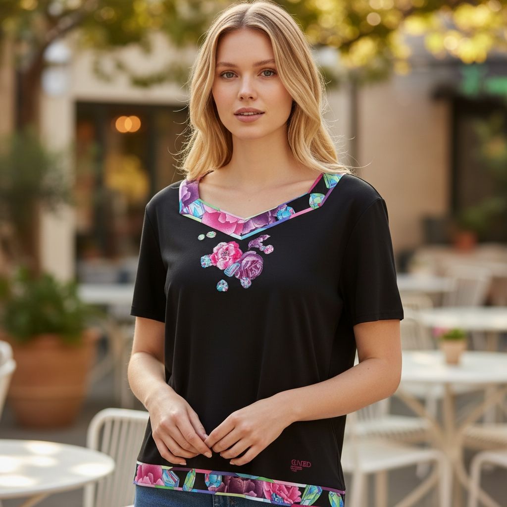 LEONARD レオナール ストレッチ カットソー 花柄 刺繍 ブラック 大きい