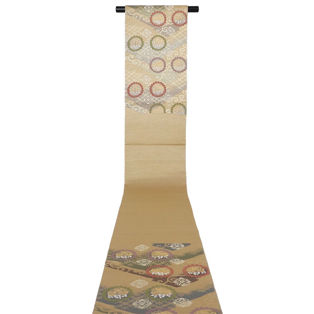 坂東三津五郎 花水木 礼装用 西陣織袋帯 正絹 金 金茶 緑 赤紫 松皮菱