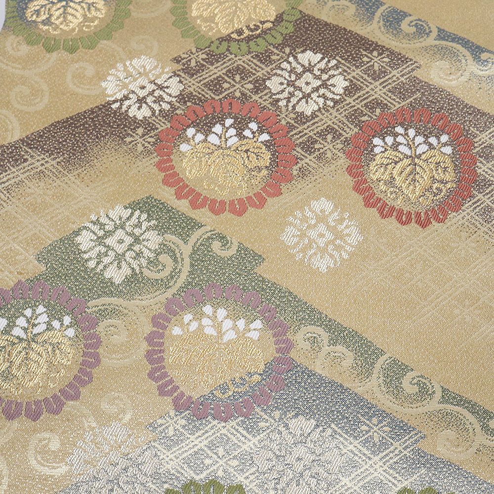 坂東三津五郎 花水木 礼装用 西陣織袋帯 正絹 金 金茶 緑 赤紫 松皮菱