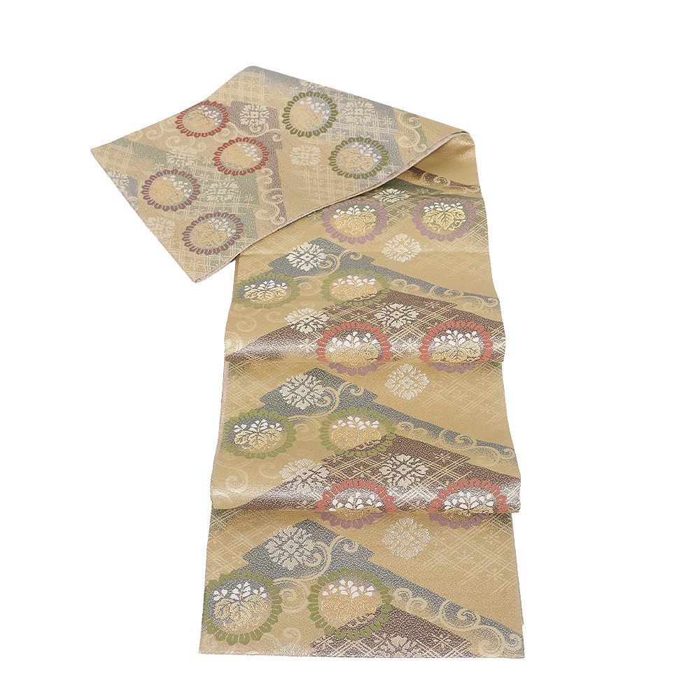 坂東三津五郎 花水木 礼装用 西陣織袋帯 正絹 金 金茶 緑 赤紫 松皮菱