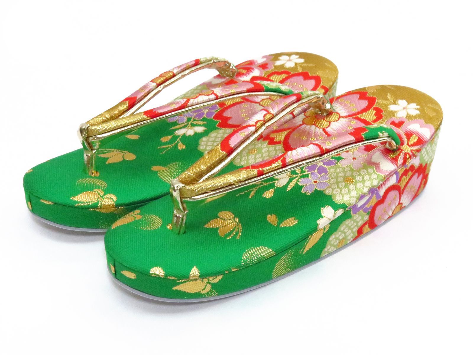  七五三 結び帯 箱せこセット ペアセット 7歳 女の子用 大寸 作り帯 草履 バッグ 筥迫 帯締め 緑 金 八重桜 七五三 季節 年中行事