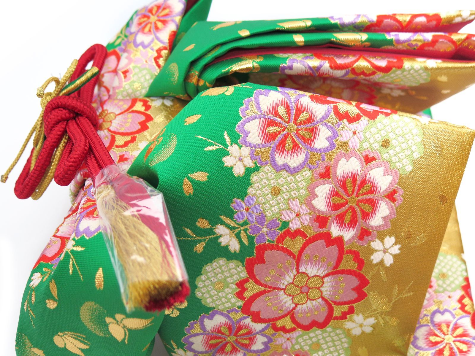 七五三 結び帯 箱せこセット ペアセット 7歳 女の子用 大寸 作り帯 草履 バッグ 筥迫 帯締め 緑 金 八重桜