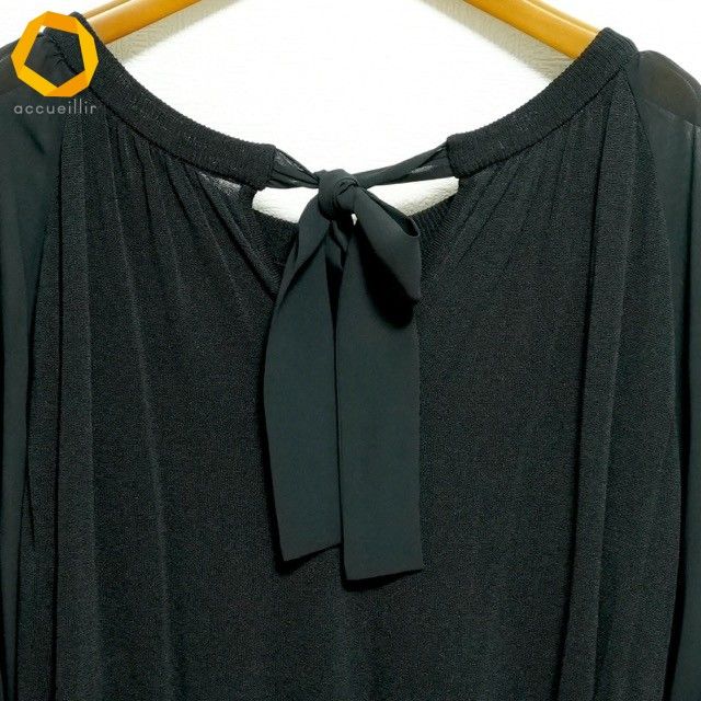 美品＊レリアン系列ネミカ バックリボンニットカットソー 13号 大きいサイズ 黒 anc レリアン Leilian カットソー 13+ 黒 ニット 異素材 薄手