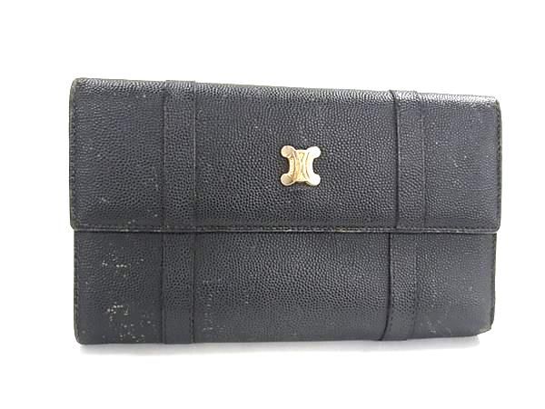 CELINE セリーヌ 馬車金具 がま口 三つ折り財布 ブラック レザー CELINE セリーヌ 馬車金具 がま口 三つ折り財布 ブラック レザー