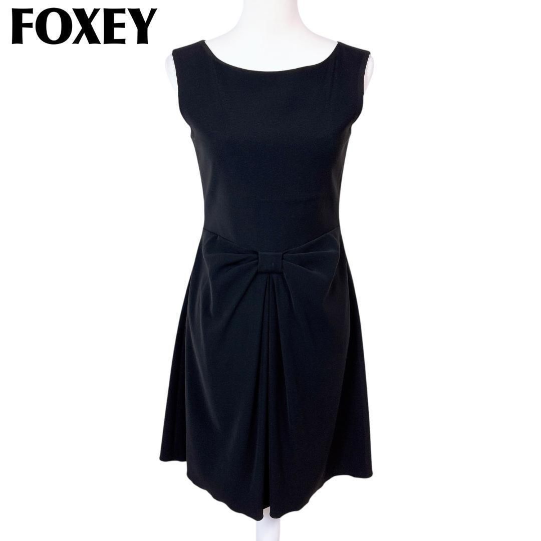 美品】FOXEYノースリーブワンピース ウエストリボン 40 ブラック