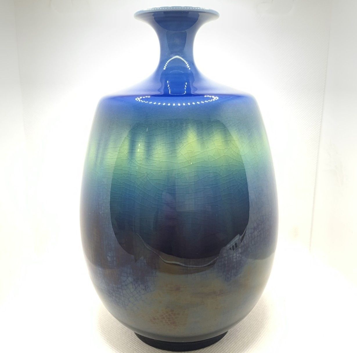 彦】九谷焼 人間国宝 三代 徳田八十吉 赤銘 碧明耀彩釉 花器 飾壺 共箱