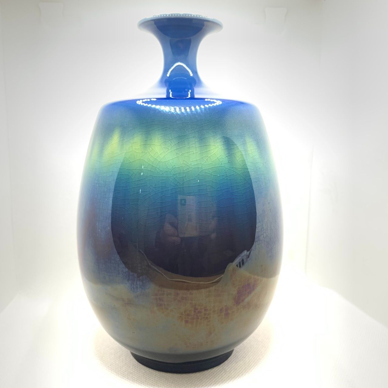 彦】九谷焼 人間国宝 三代 徳田八十吉 赤銘 碧明耀彩釉 花器 飾壺 共箱