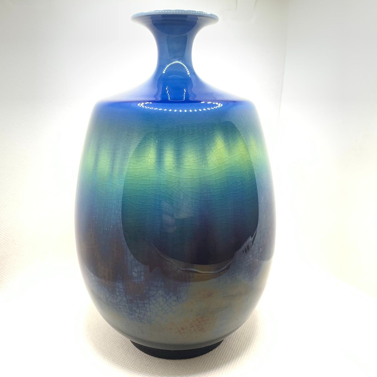 彦】九谷焼 人間国宝 三代 徳田八十吉 赤銘 碧明耀彩釉 花器 飾壺 共箱