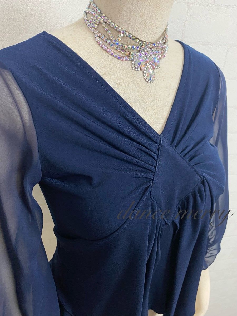 新品　社交ダンス　紺　ネイビー　トップス　シフォン　バルーン袖　ワルツ　2833 新品 社交ダンス 紺 ネイビー トップス シフォン バルーン袖 ワルツ