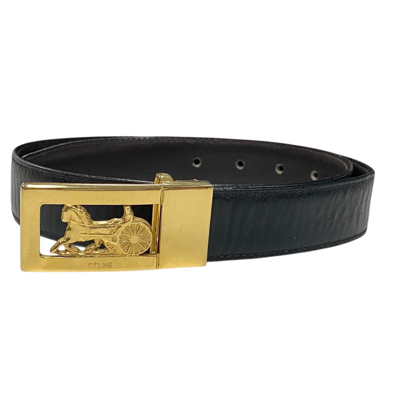希少 良品 CELINE セリーヌ 馬車金具 レザーベルト ブラック 本革