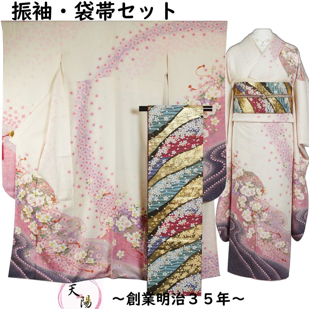 hanamaru  様  専用  刺繍お振袖&袋帯  ２点セット 振袖セット 振袖・袋帯 2点 セット 源氏車に花吹雪模様 Mサイズ 銀通し
