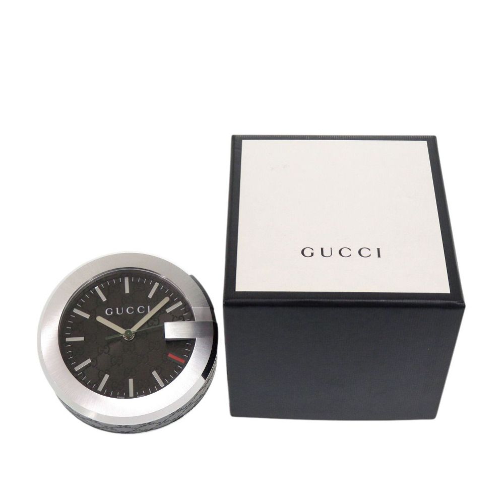 GUCCI テーブルクロック 新品同様 グッチ テーブルクロック 210 ブラック SS レザー 黒文字盤