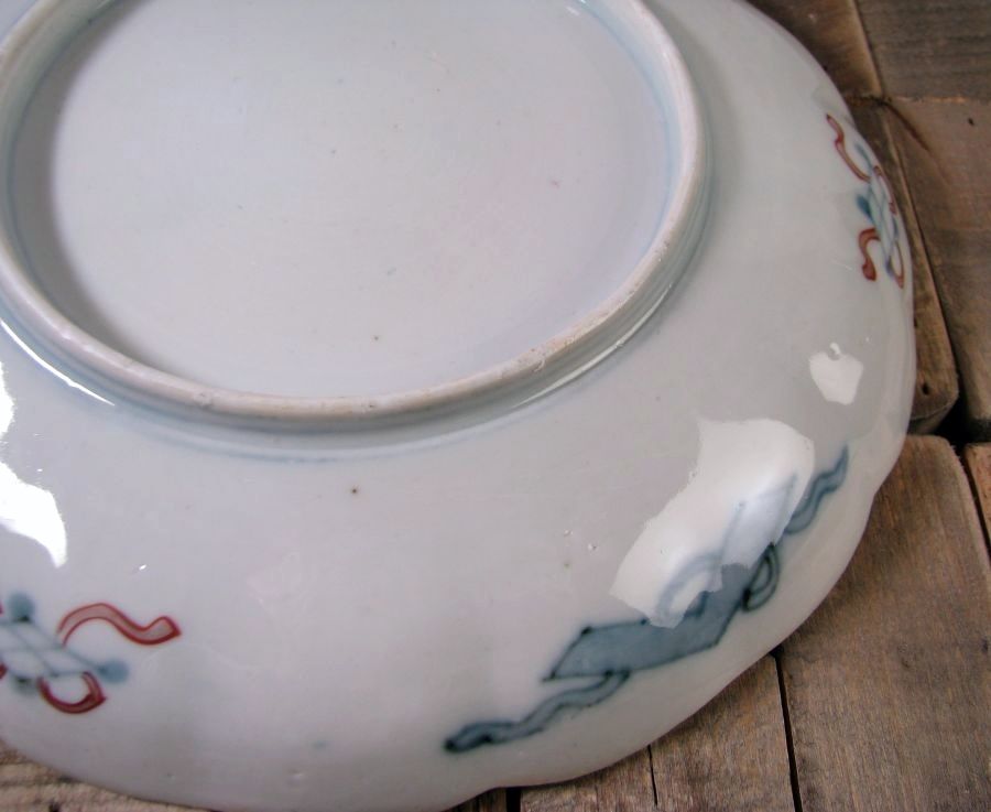 A 1037 古伊万里 錦手 桐の葉陽刻 見込み鶴に雲 7寸皿 五枚￼ A 1037