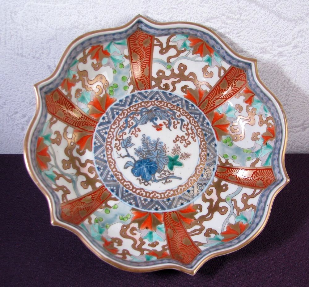 古伊万里 染錦・金彩 変形高台鉢 No1 幅：26.5cm 明治時代/26a049
