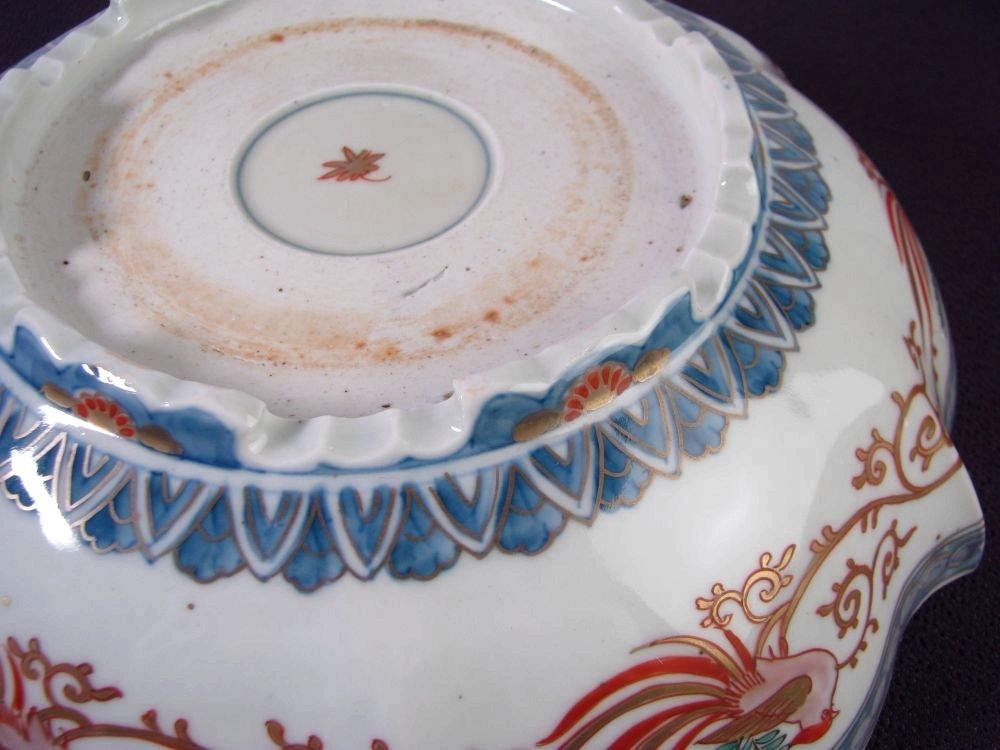 古伊万里 染錦・金彩 変形高台鉢 No1 幅：26.5cm 明治時代/26a049