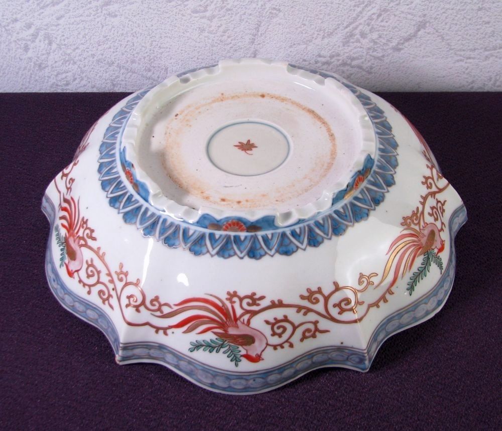 古伊万里 染錦・金彩 変形高台鉢 No1 幅：26.5cm 明治時代/26a049