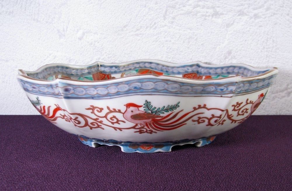 古伊万里 染錦・金彩 変形高台鉢 No1 幅：26.5cm 明治時代/26a049