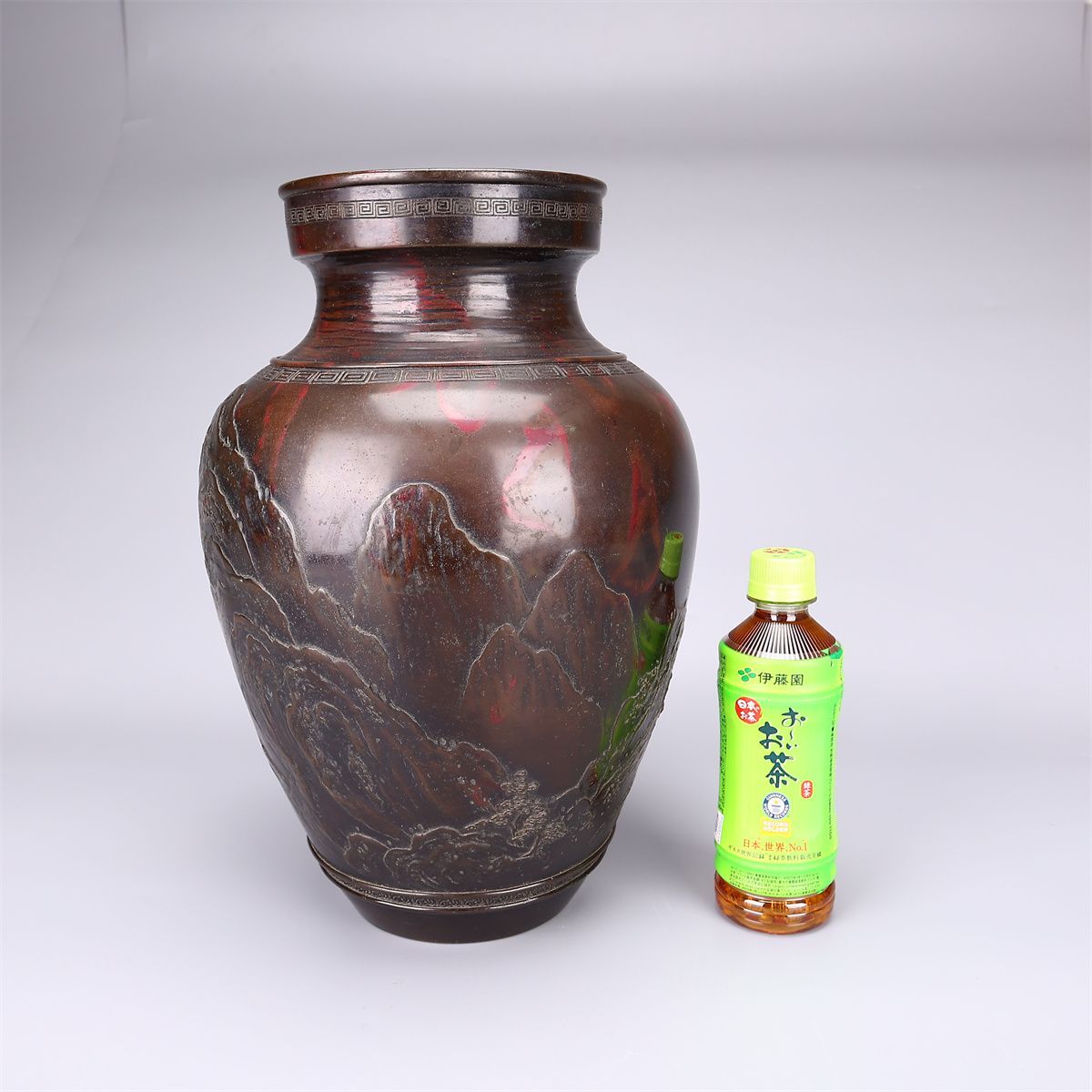 時代 【加納晴雲】 銅製 斑銅 山水紋 大花瓶 高36㎝ 重3680g／本物保証