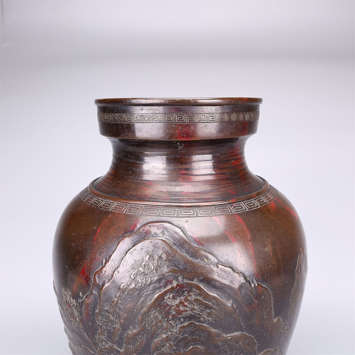 時代 【加納晴雲】 銅製 斑銅 山水紋 大花瓶 高36㎝ 重3680g／本物保証