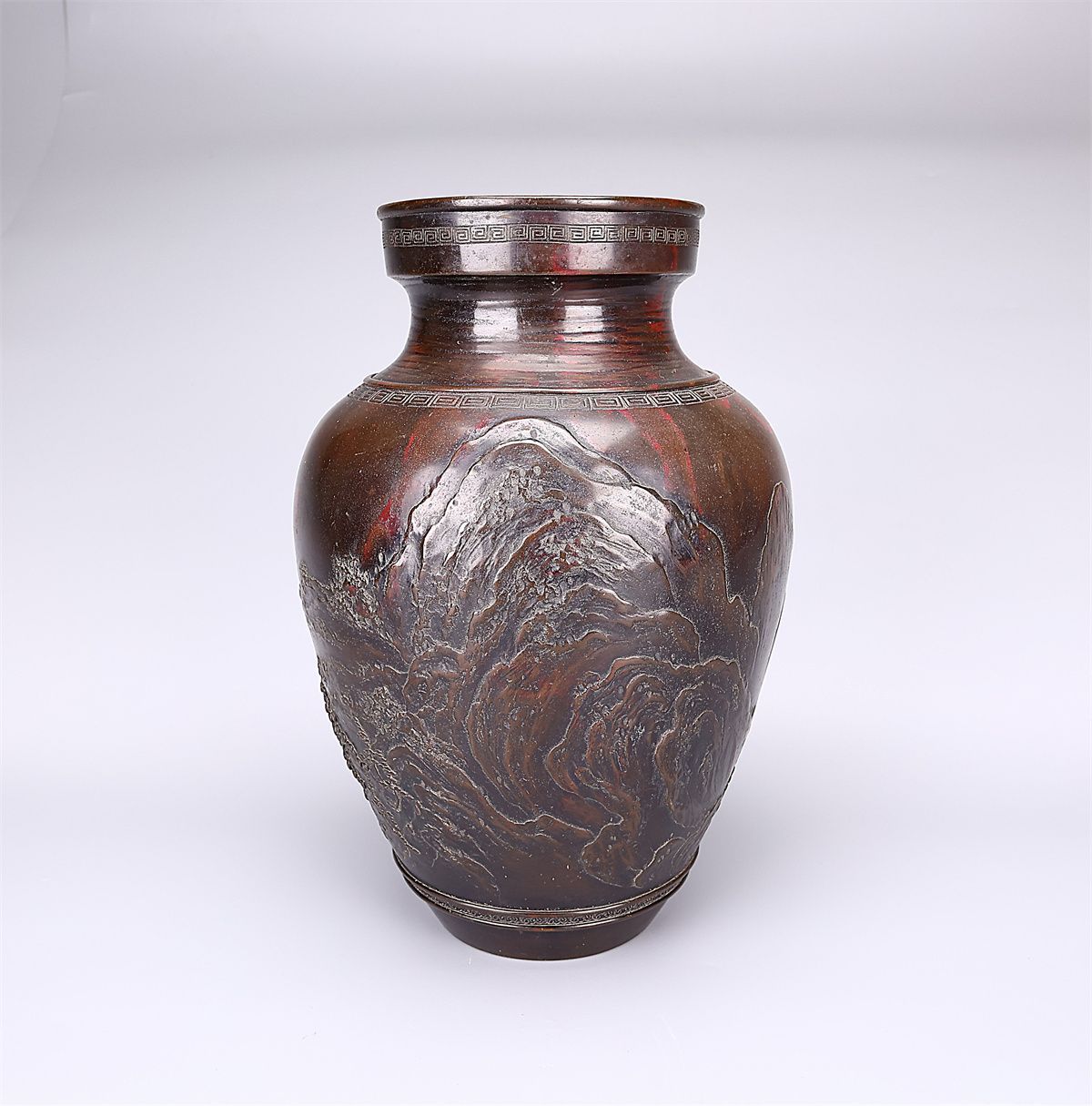 時代 【加納晴雲】 銅製 斑銅 山水紋 大花瓶 高36㎝ 重3680g／本物保証