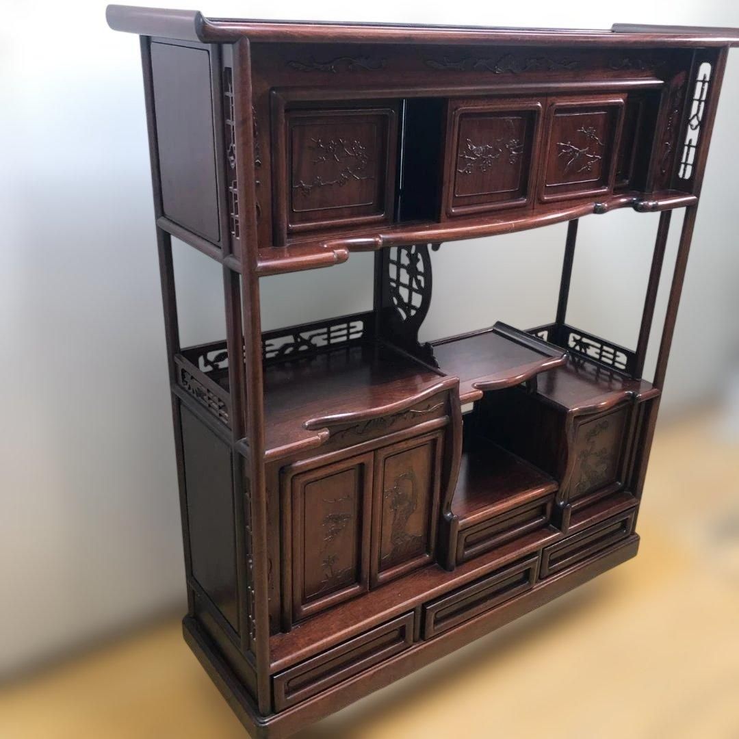 三】昭和レトロ 家具 茶棚 飾り棚 飾り箪笥 茶箪笥 透かし彫り 木製 