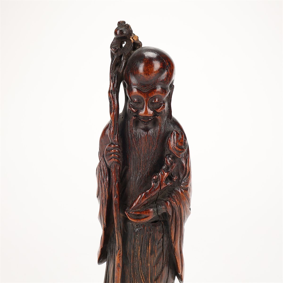 唐物 【竹根彫】 竹製 寿老人 置物 高29.5㎝／箱付 美品Sg！MB864