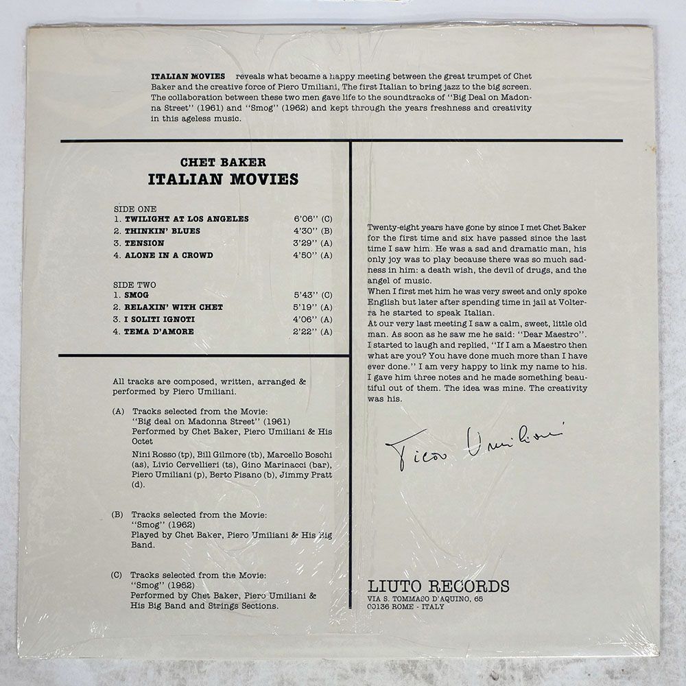 イタリア盤 CHET BAKER|ITALIAN MOVIES|LIUTO LRS 0063 LP